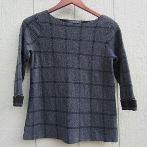 Tahari Women's M Sweater Merino Wool‎ Knit Grey Black Plaid Pullover 3/4 Sleeves